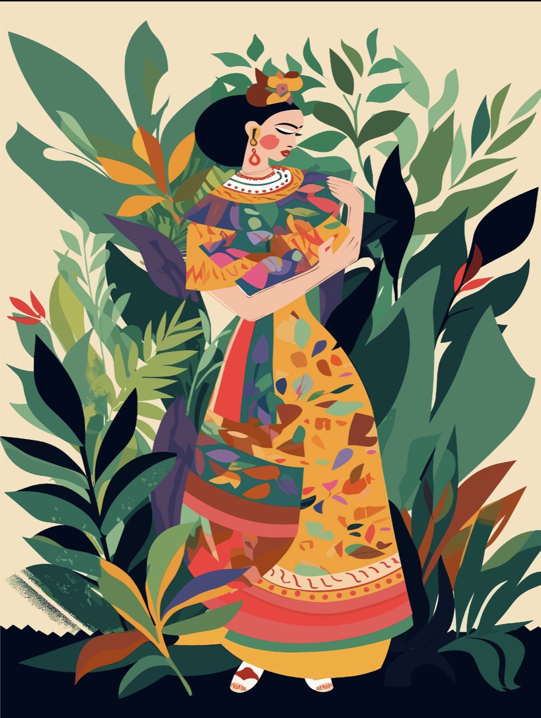 Illustration of a woman in an embroidered dress